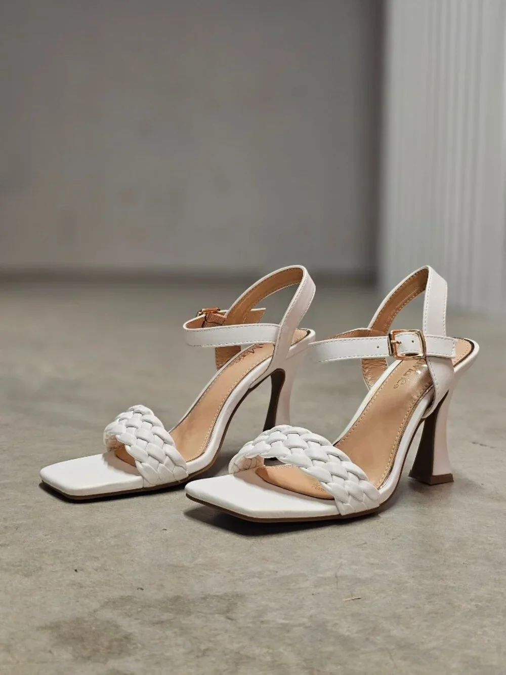 White Braided Strap High Heel Sandals With Square Toe & Adjustable Buckle Closur